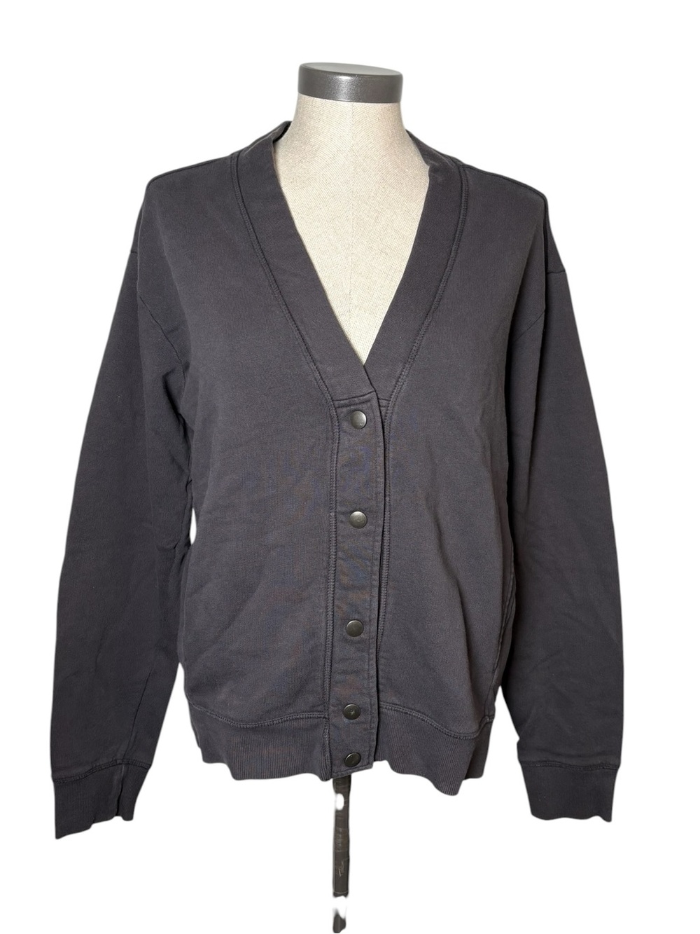 Pact Organic Cotton Snap Front Cardigan Sweatshirt Charcoal Gray Medium V Neck